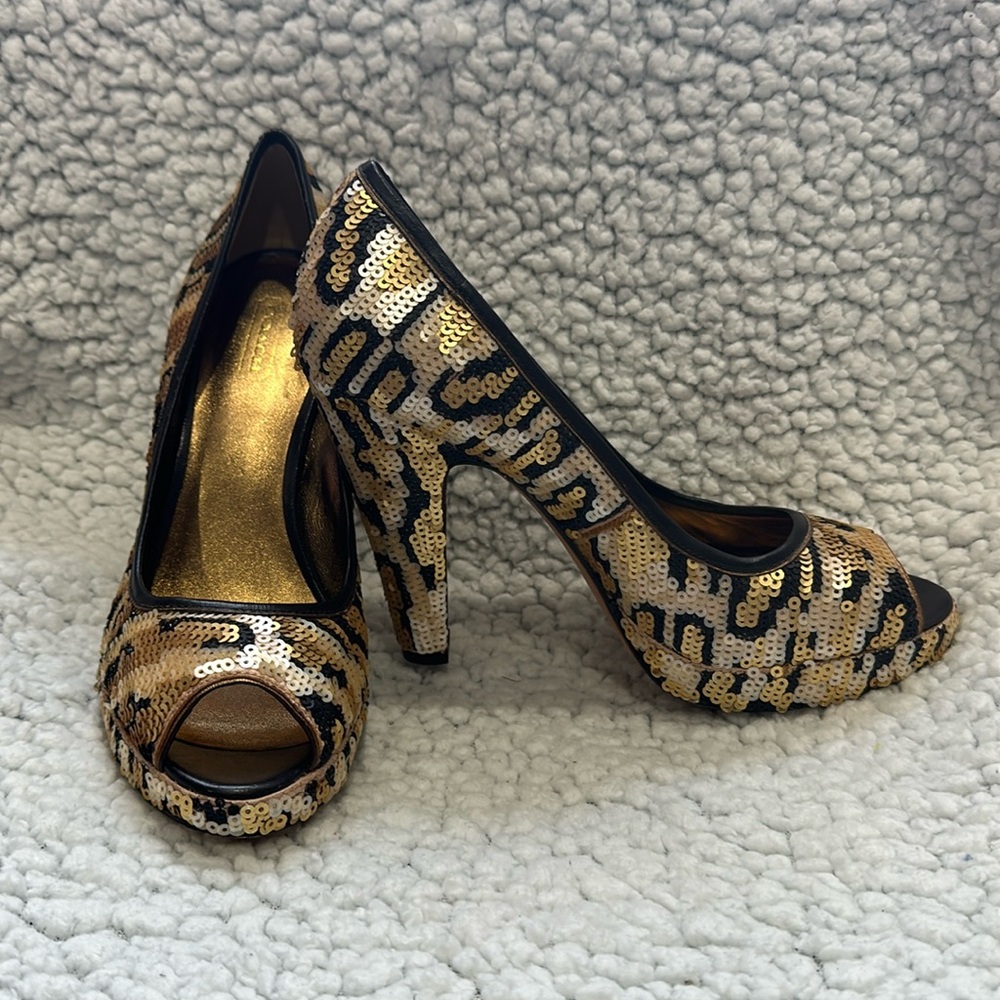 Coach black & gold sequin peeped toe heels size 7.5 B